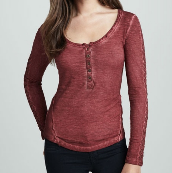 Free People Tops - Free People | Lace-sleeve stitched henley shirt L